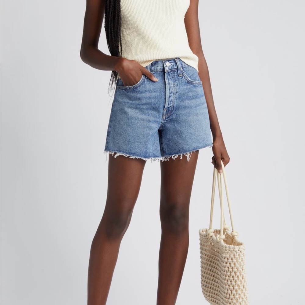 NWT- AGOLDE Light Blue High-Rise Raw-Hem Denim Shorts
